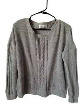 Pink Rose Gray Crew Neck Sweater Ribbed Knit Women's M